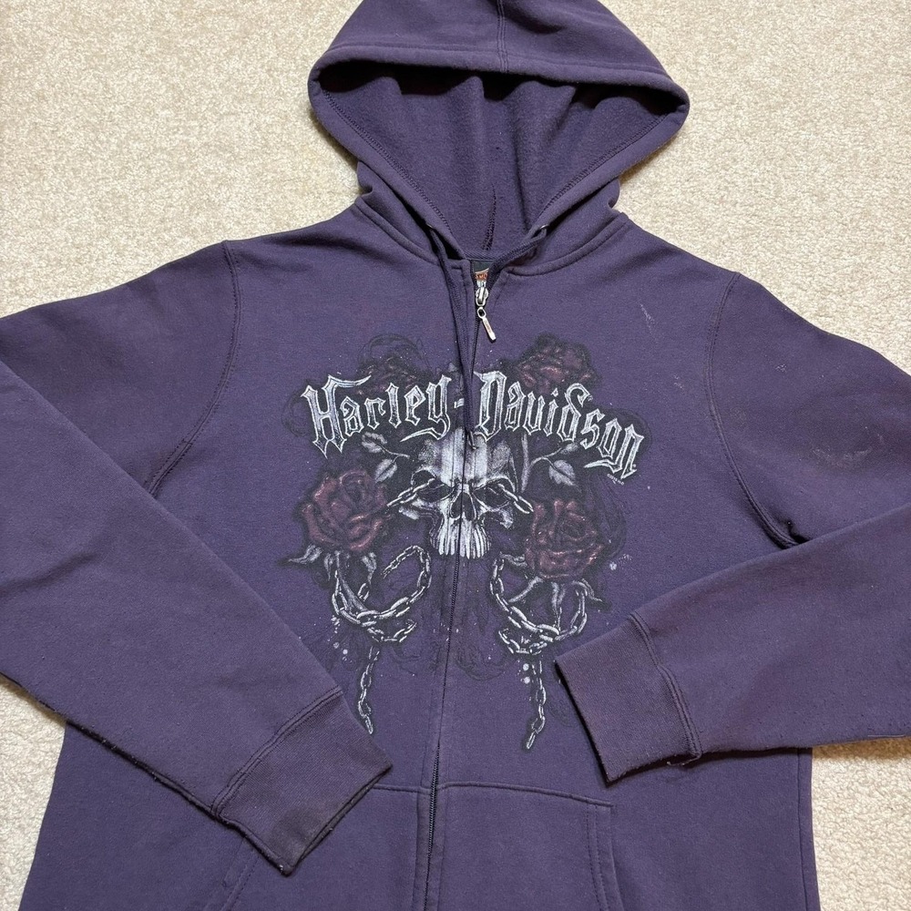 Y2K Harley-Davidson Hoodie Sweatshirt XL Purple Full Zip Skull Rose Graphic 2010